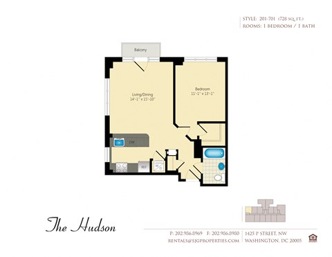 Floor plan for 1 bed, 1 bath, 728 sqft